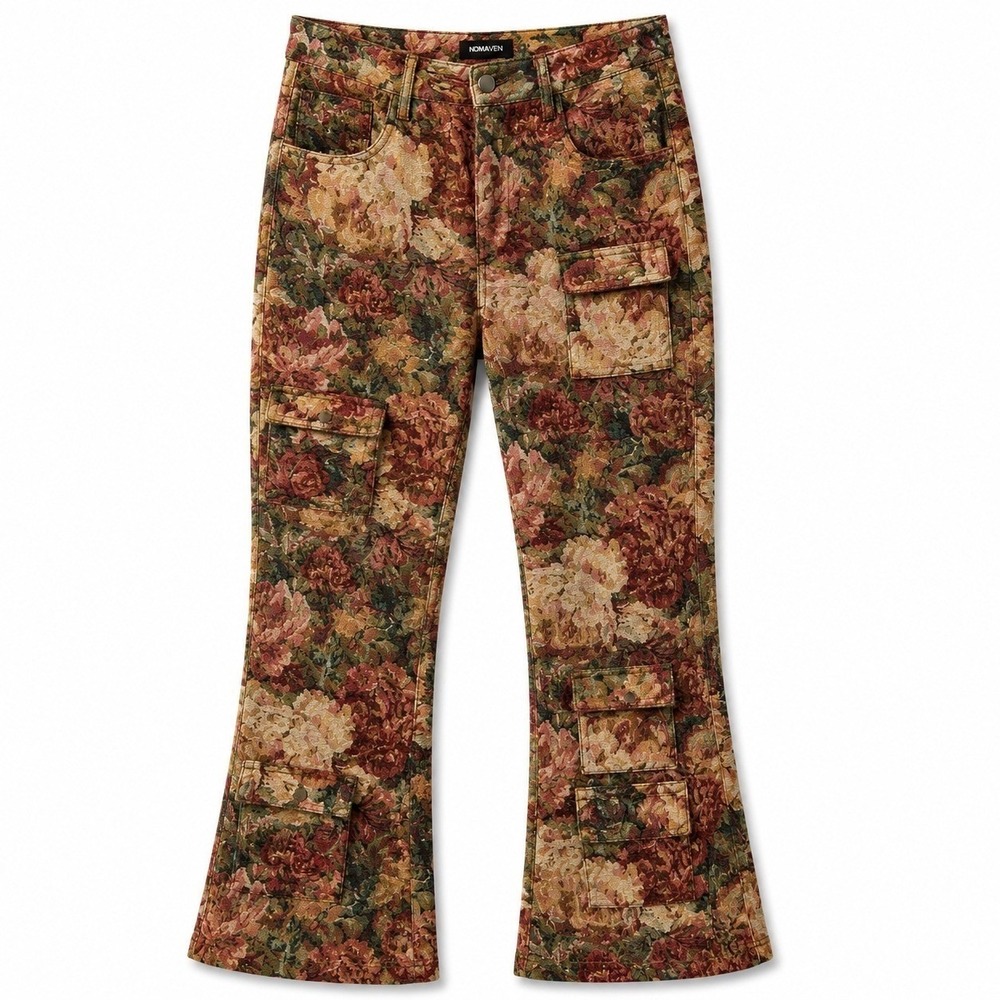 Nova Men Floral Tapestry Cargo Pants Size 32 Brown Bootcut Y2K Grunge Gothic